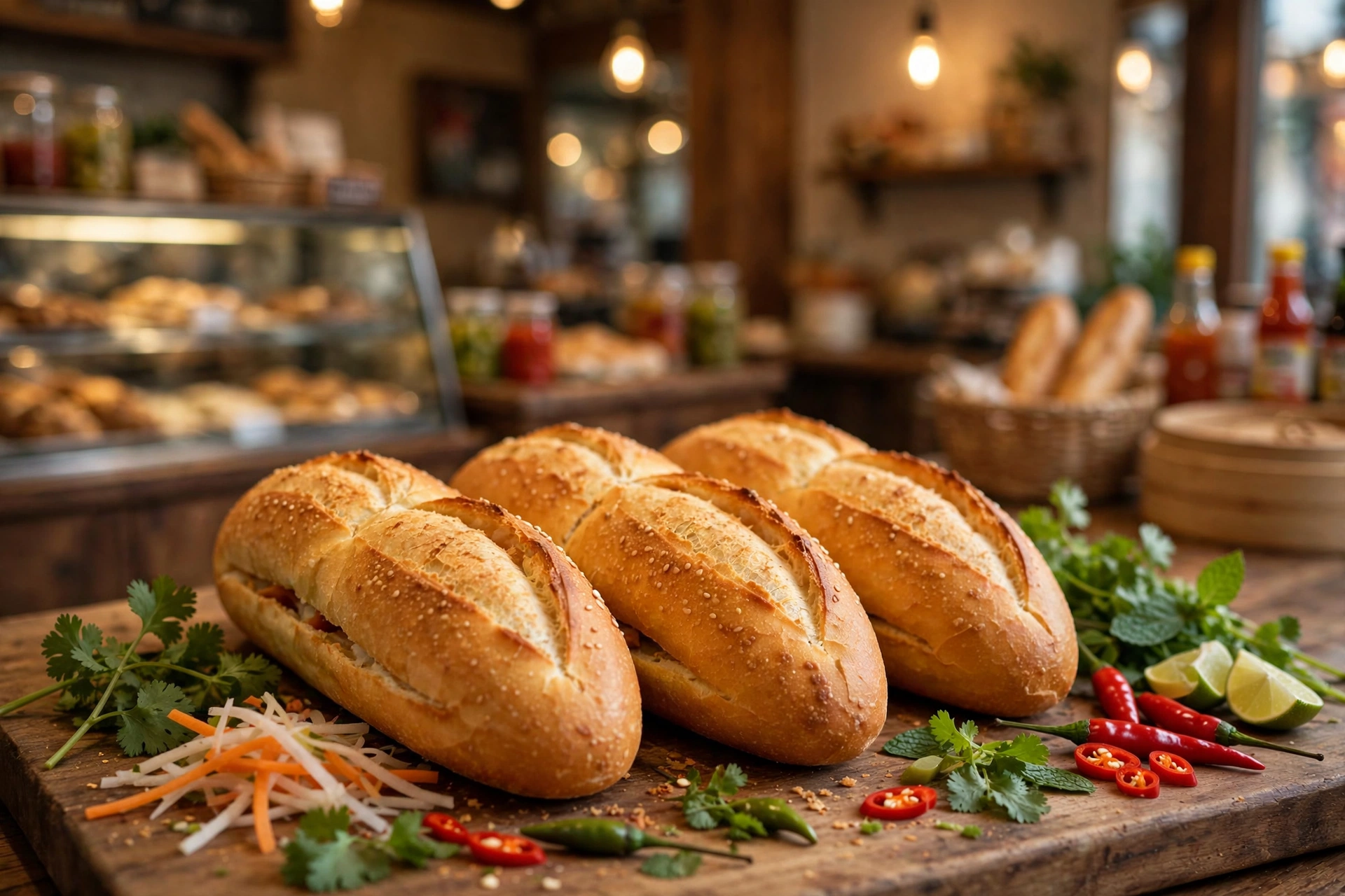 Những ổ bánh mì nóng giòn xếp trên thớt gỗ tại tiệm bánh