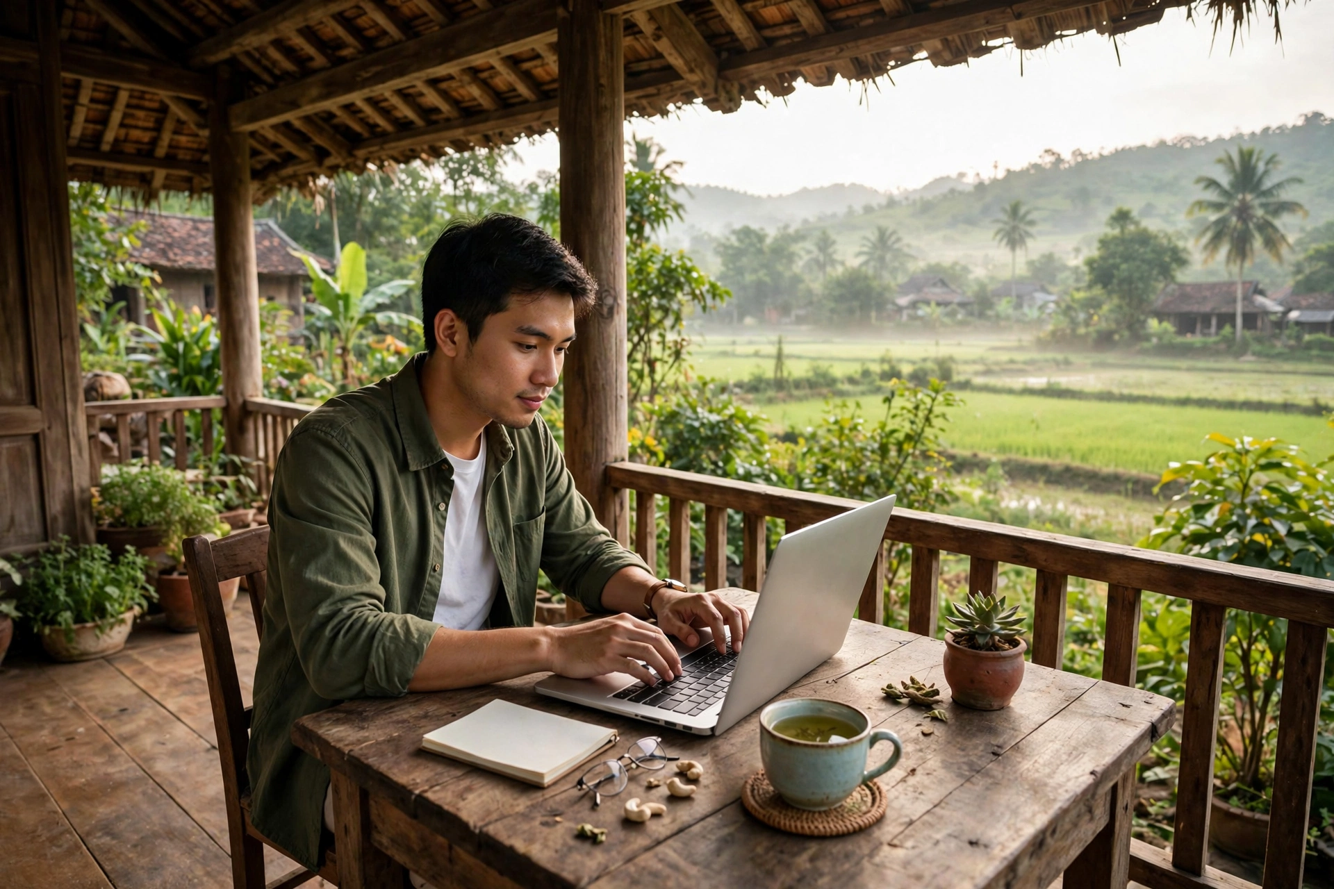 Người trẻ làm việc trên laptop tại hiên nhà ở quê với vườn cây xanh mát