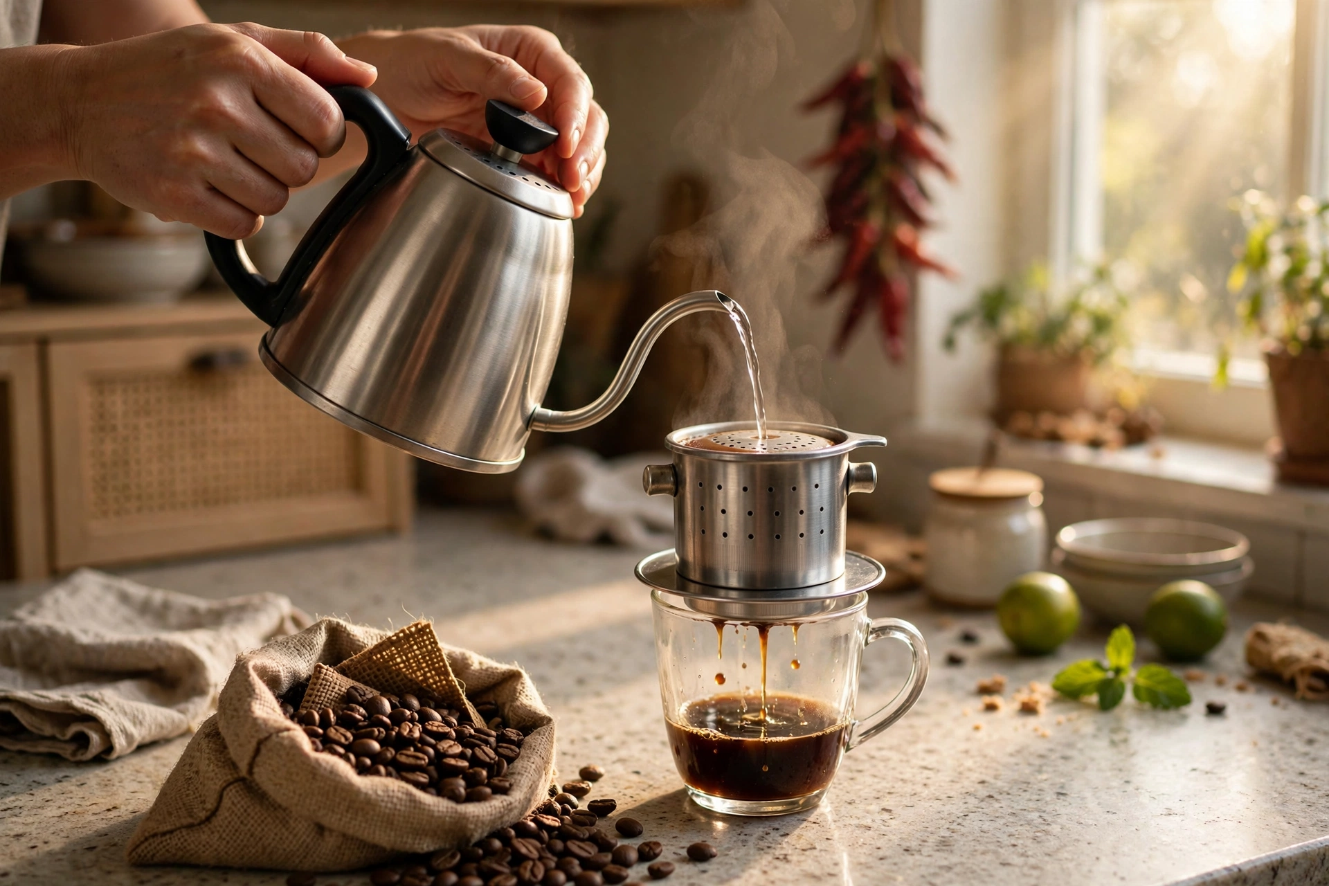 Đôi tay đang pha cà phê phin tại nhà vào buổi sáng
