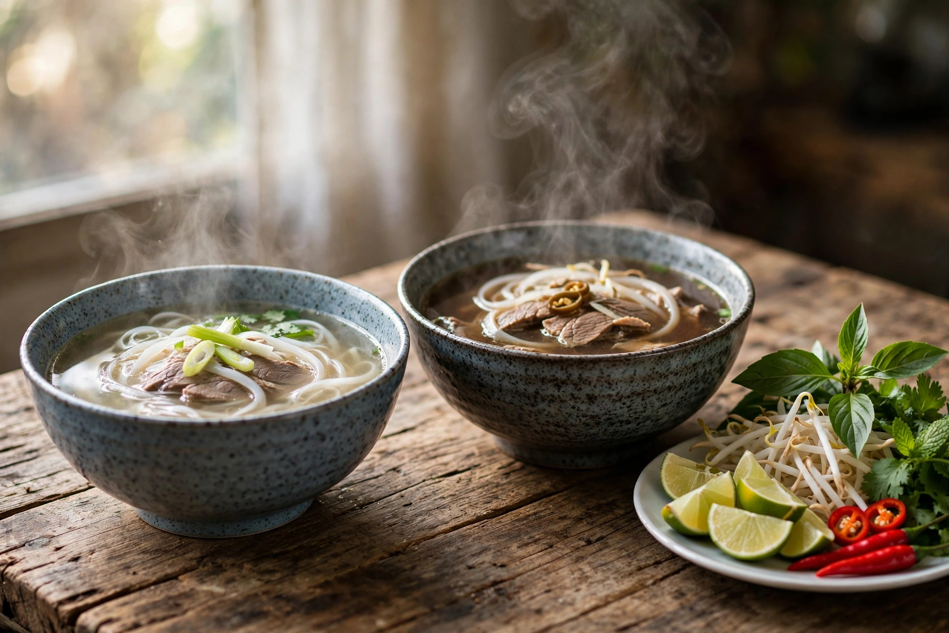Hai tô phở Bắc và phở Nam đặt cạnh nhau để so sánh