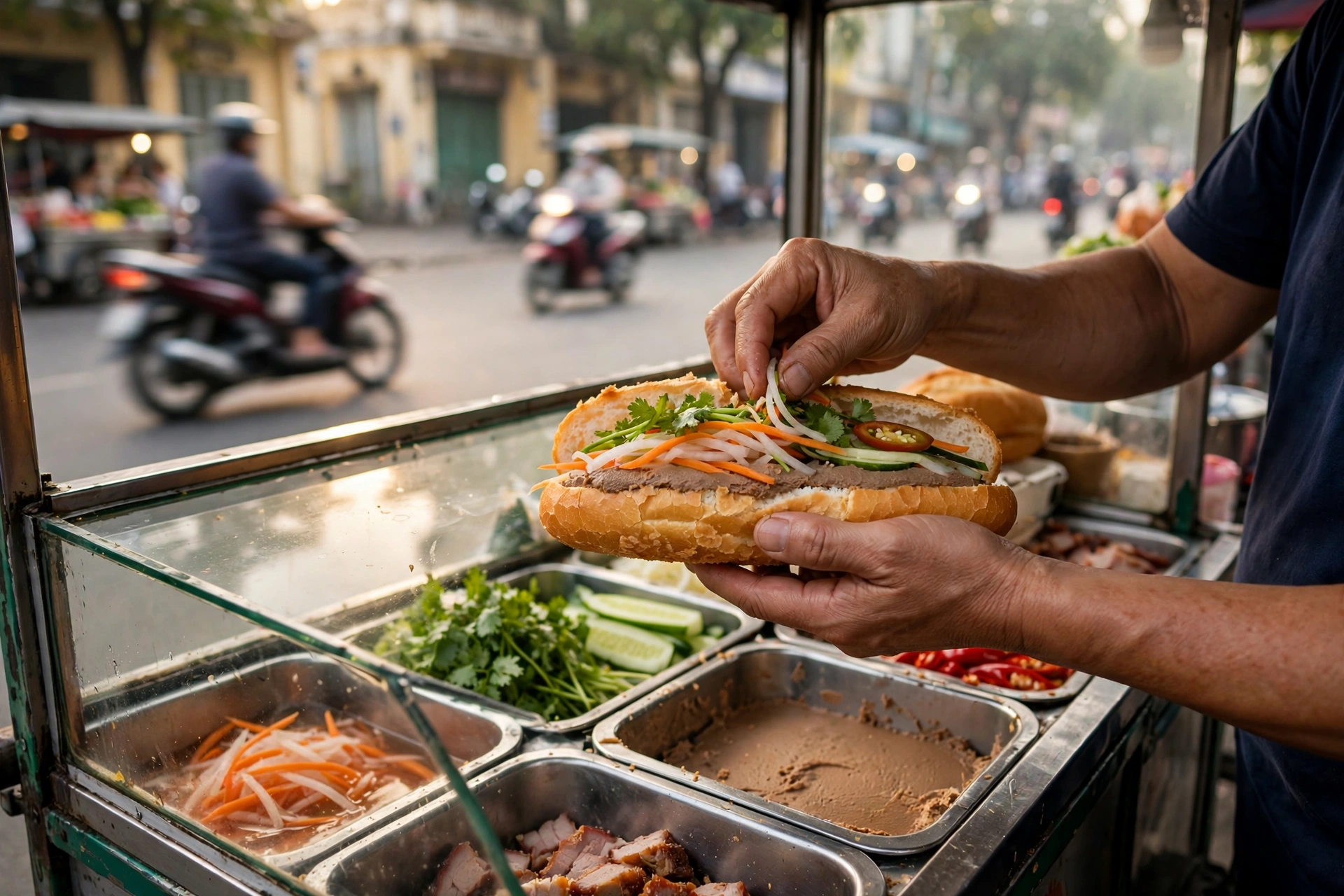 Người bán đang làm bánh mì tại xe hàng rong buổi sáng ở Sài Gòn