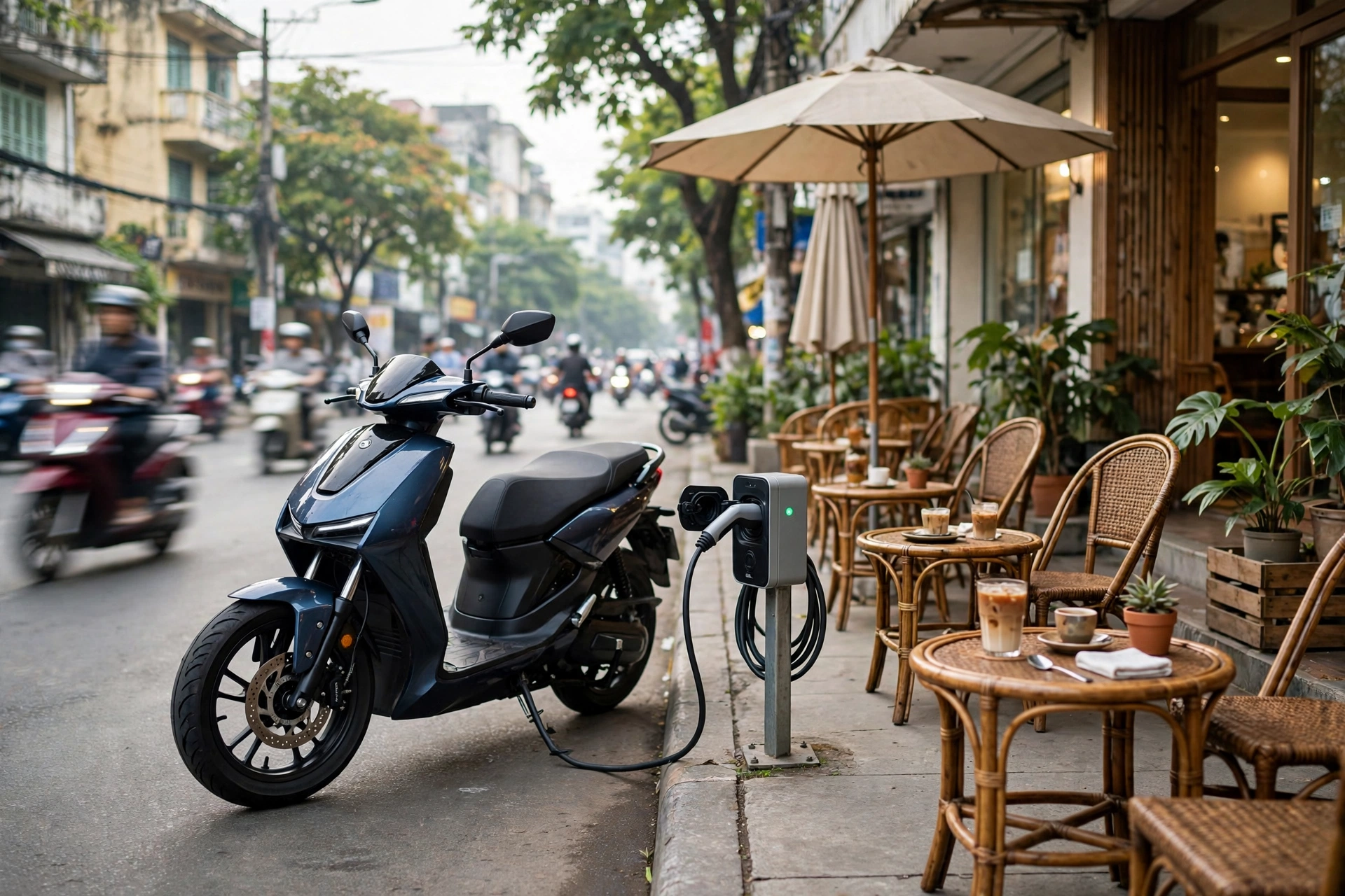 Xe máy điện đang sạc tại điểm sạc trước quán cà phê ở Sài Gòn